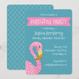 Pink Polka Dot Flamingo Birthday Invitation