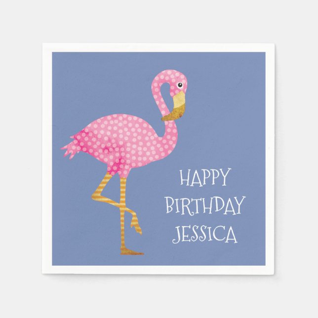 Pink Polka Dot Flamingo Birthday Napkin (Front)