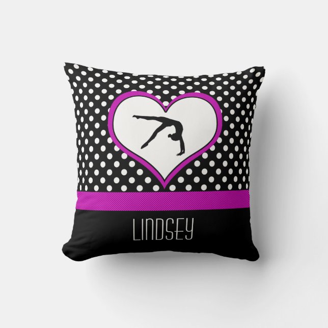 Pink Polka-Dot Gymnastics with heart Throw Pillow (Front)