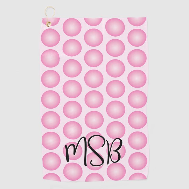 Pink Polka Dot Modern Script Monogram Golf Towel (Front)