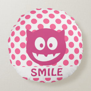 Pink Polka Dot Monster SMILE Round Pillow