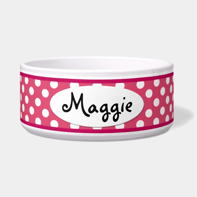 Pink Polka Dot Personalized Ceramic Dog Bowl (Front)