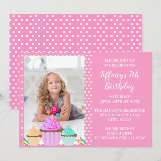 Pink Polka Dot Photo Birthday Invitation (Front/Back)