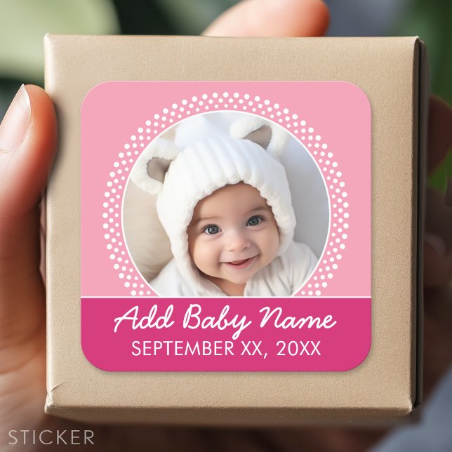 Pink Polka Dot Photo Frame Baby Girl Square Sticker (Custom Sticker)