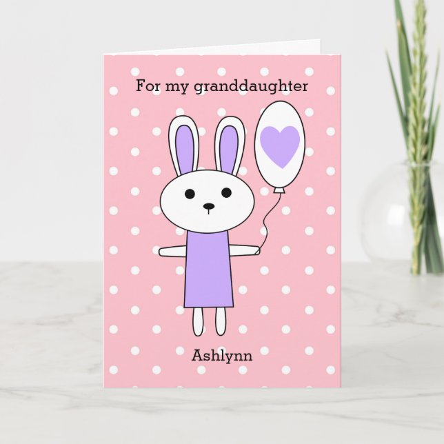 Pink Polka Dot Purple Easter Bunny Holiday Card (Front)