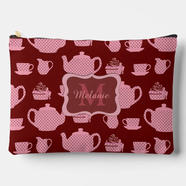 Pink Polka Dot Tea Set Burgundy Personalised Accessory Pouch (Front)