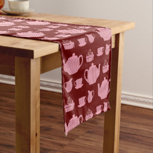 Pink Polka Dot Tea Set on Burgundy Pattern Short Table Runner