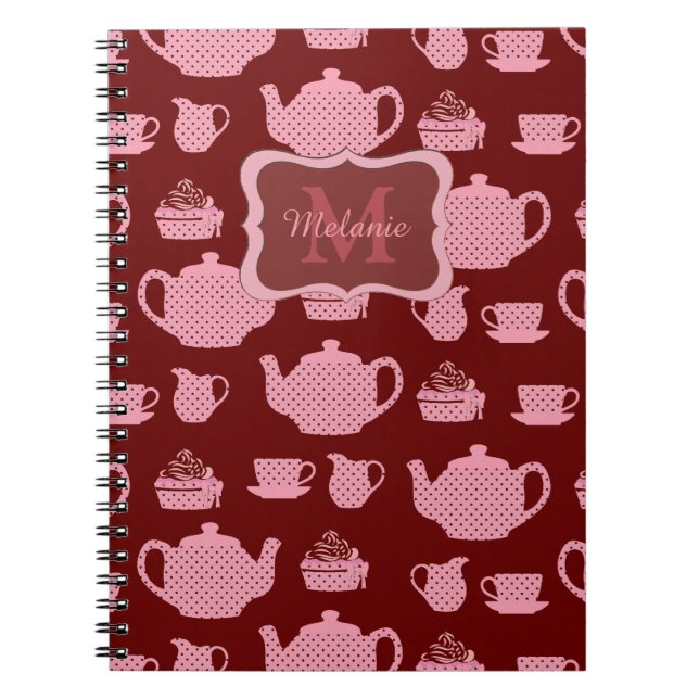 Pink Polka Dot Tea Set on Burgundy Personalized Notebook (Front)