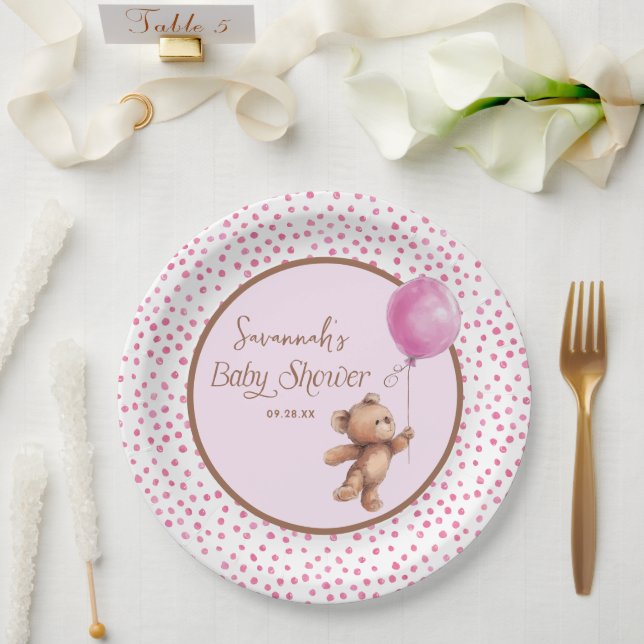 Pink Polka Dot Teddy Bear Baby Shower Paper Plate (Wedding)