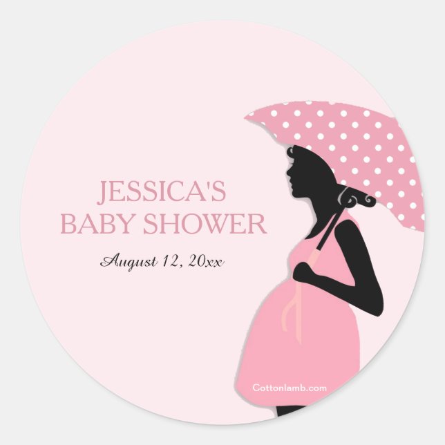 Pink Polka Dot Umbrella Baby Shower Stickers (Front)