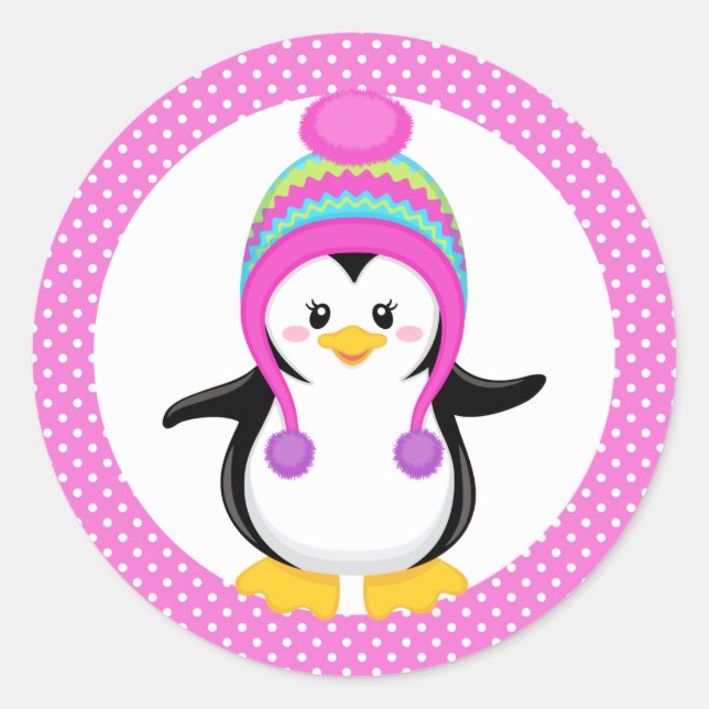 Pink Polka Dot Winter Penguin Girl Classic Round Sticker (Front)
