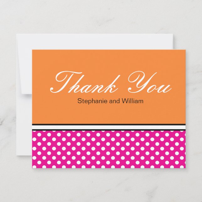 Pink Polka Dot With Orange Wedding Thank You Card (Front)