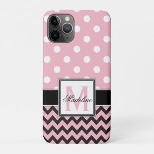 Pink Polka Dots and Chevron Monongram Mobile iPhone 11 Pro Case