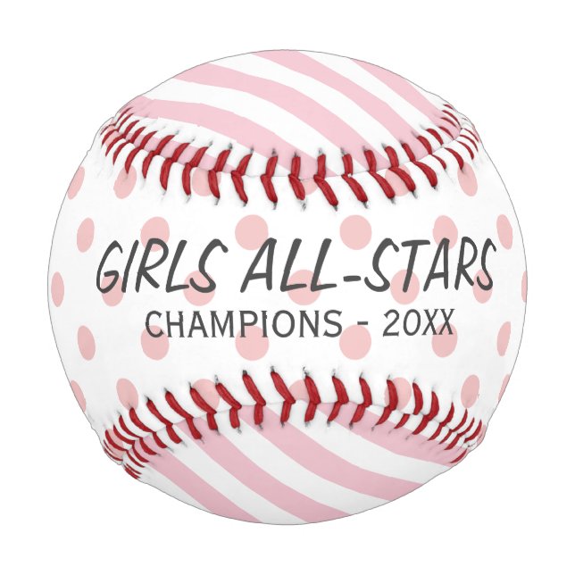 Pink Polka Dots and Stripes with Custom Text Baseball (Front)