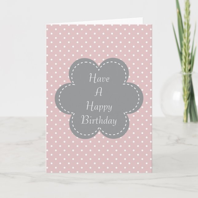 Pink Polka Dots Birthday Grey Flower Card (Front)