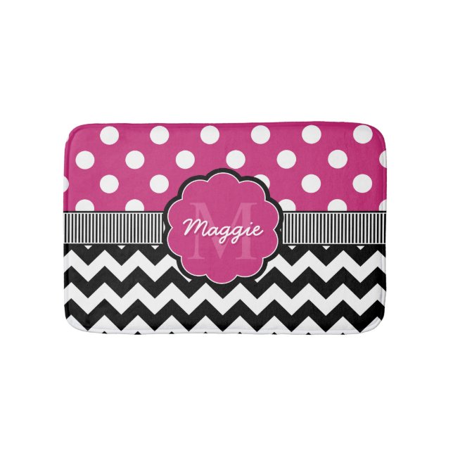 Pink Polka Dots Black Chevron Monogram Bath Mat (Front)