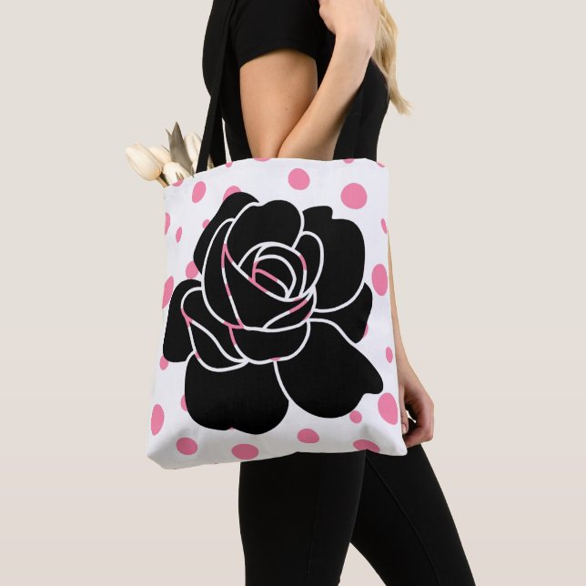 Pink Polka Dots & Black Rose Tote Bag (Close Up)