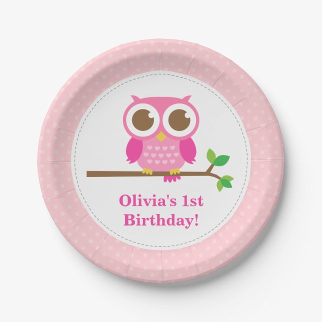 Pink Polka Dots Cute Owl Birthday Party Paper Plate (Front)