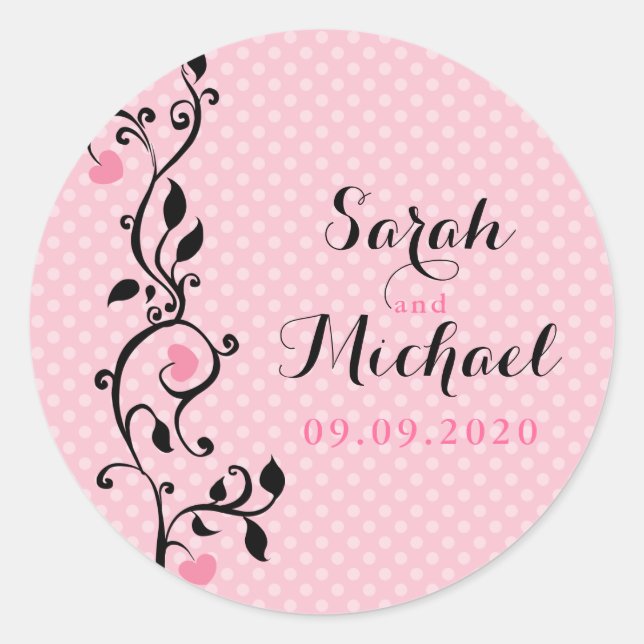 Pink Polka Dots Heart Vine Wedding Classic Round Sticker (Front)