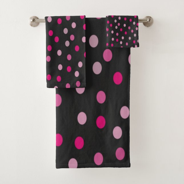 Pink Polka Dots on Black  Bath Towel Set (Insitu)