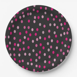 Pink Polka Dots on Black  Paper Plate