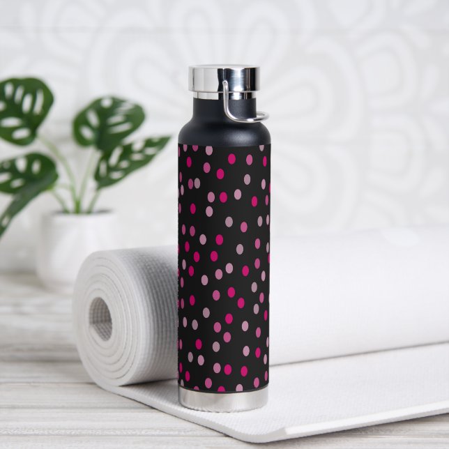 Pink Polka Dots on Black  Water Bottle (Yoga)