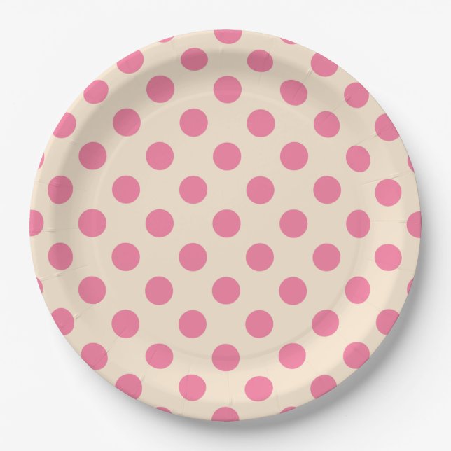 Pink polka dots on cream paper plate (Front)