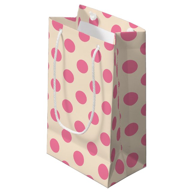 Pink polka dots on cream small gift bag (Front Angled)