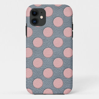 Pink Polka Dots on Grey Leather Print iPhone 11 Case