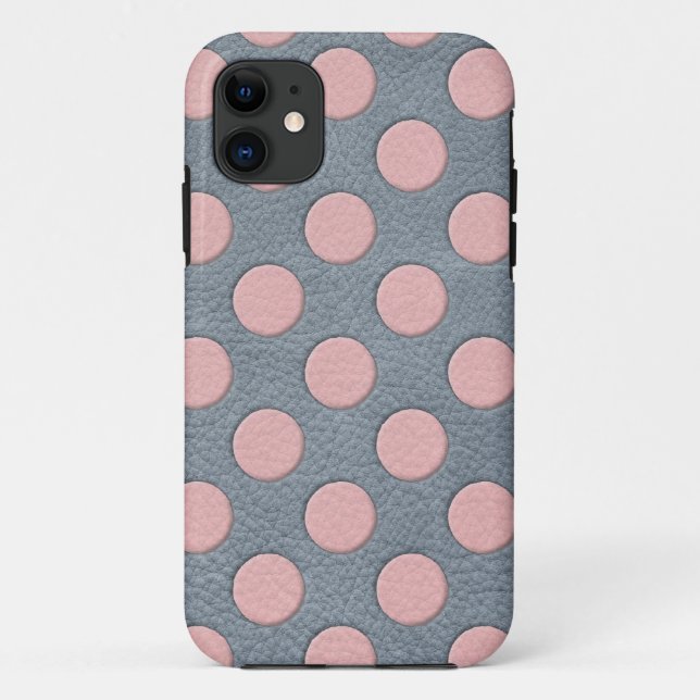 Pink Polka Dots on Grey Leather Print Case-Mate iPhone Case (Back)