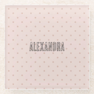 Pink Polka Dots Personalized Name Glass Coaster
