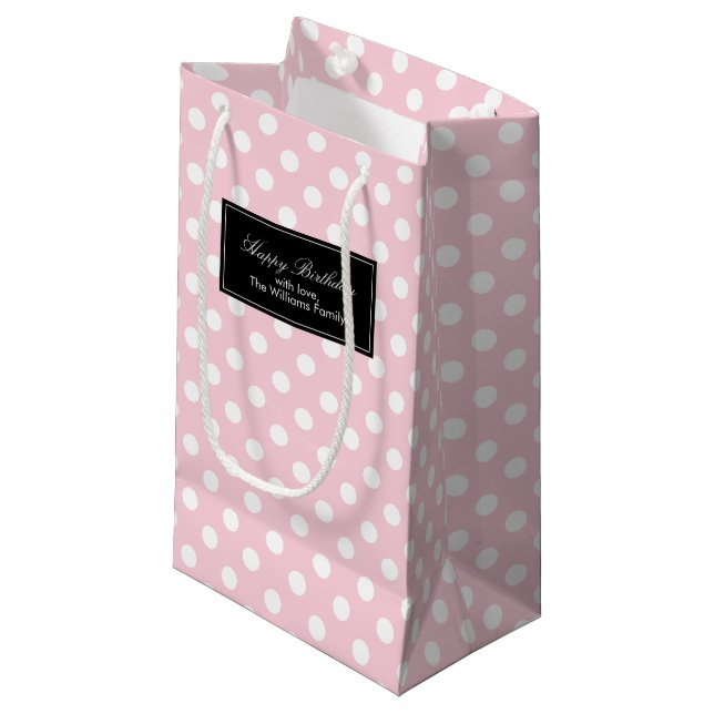 Pink Polka Dots Personalized Small Gift Bag (Front Angled)