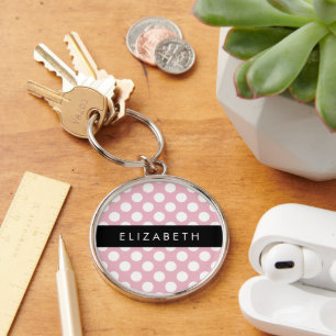 Pink Polka Dots, Polka Dot Pattern, Your Name Keychain