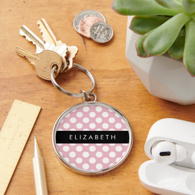Pink Polka Dots, Polka Dot Pattern, Your Name Keychain (Desk)