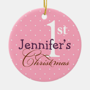 Pink  polka dots purple name baby first holiday ceramic ornament