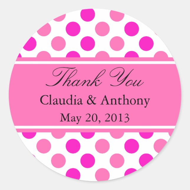 Pink Polka Dots Wedding Thank You Classic Round Sticker (Front)