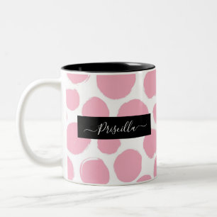 Pink Polka Dots with Custom Name Two-Tone Coffee Mug