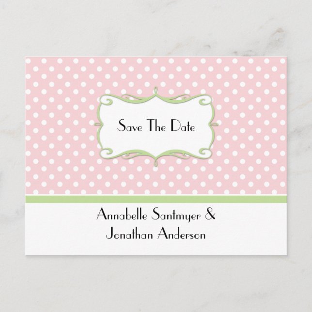 Pink Polka Dots with Pale Green Save The Date Announcement Postcard (Front)