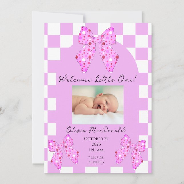 Pink polkadot bow gingham plaid birth announcement (Front)