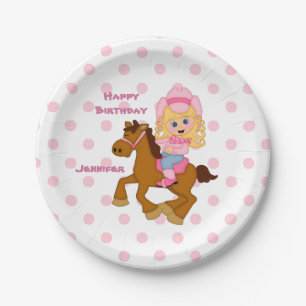 Pink Polkadot Cowgirl Birthday Paper Plate