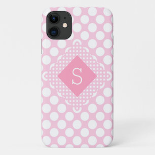 Pink Polkadots Monogram Girly Modern Simple iPhone 11 Case