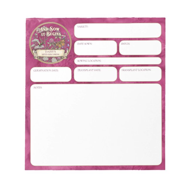 Pink Pollinator Garden Seed‑Sowing Record Notepad (Front)