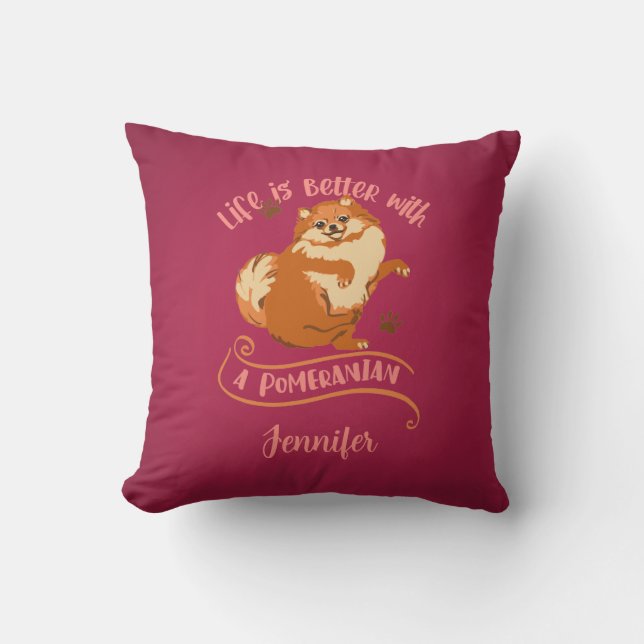 Pink Pomeranian Dog Throw Pillow (Front)