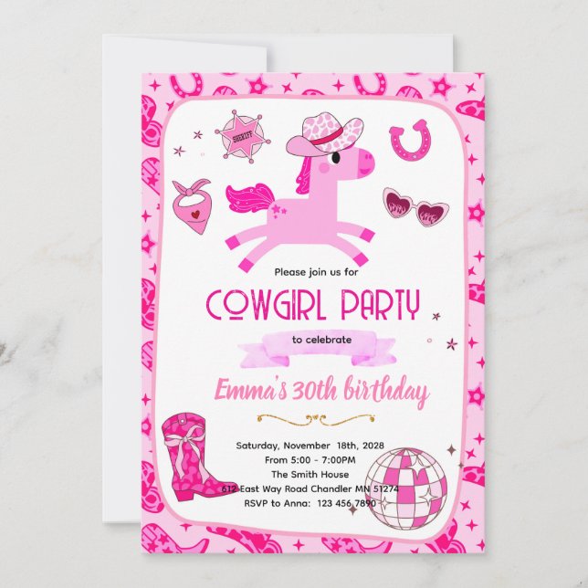 Pink Pony cowgirl party invitation (Front)
