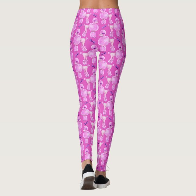 Pink poodle dog watercolor animal art pattern leggings (Back)