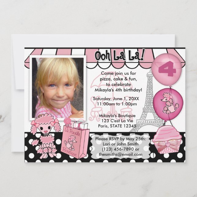 Pink Poodle in Paris Birthday Invitation (Front)