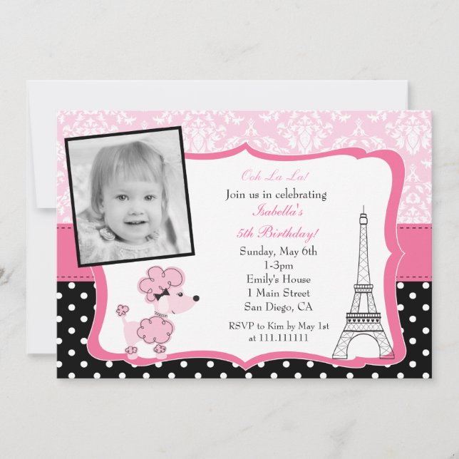 Pink Poodle in Paris Photo Birthday Invitation (Front)