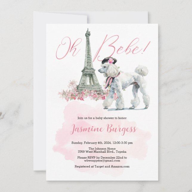Pink Poodle Paris Baby shower Invitation (Devant)
