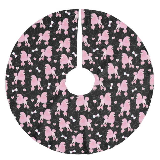 Pink Poodles and Bows Pattern Black Brushed Polyester Tree Skirt (Front)