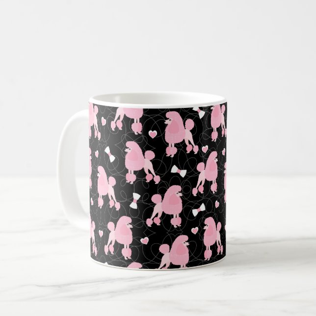 Pink Poodles and Bows Pattern Black Coffee Mug (Front Left)